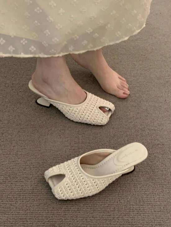 Shoes - Beige Bohemian Women's Woven contemporary Heel peep Toe Sandals
